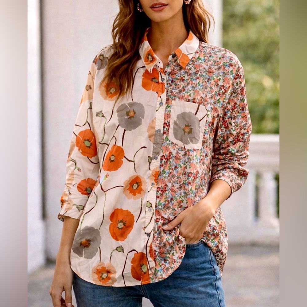 VICI Oversized Patchwork Floral Shirt – Size Medium